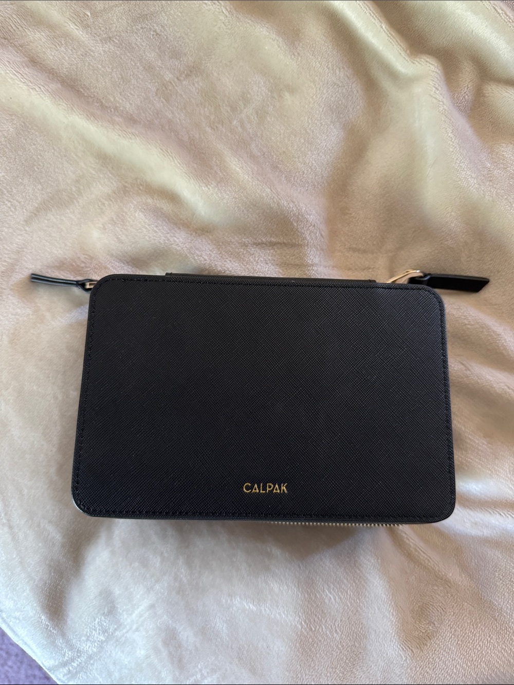 Calpak Black Textured Saffiano Cosmetic Pouch with Gold Logo